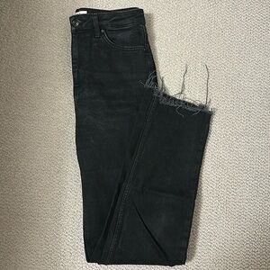 Topshop high waisted black straight jeans with distressed hem
